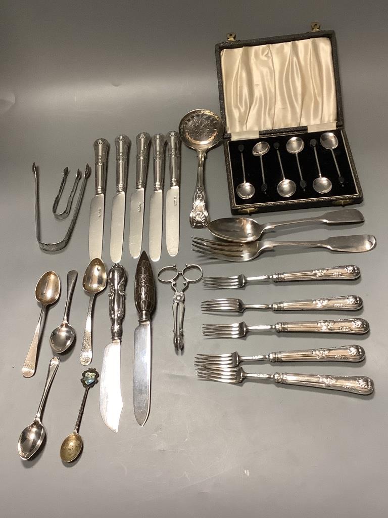 Five pairs of Georgian silver fruit eaters and a quantity of miscellaneous silver flatware